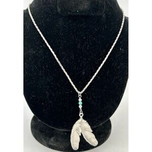 Southwest Silver Tone Necklace Turquoise Feather Pendant Native Inspired 18"
